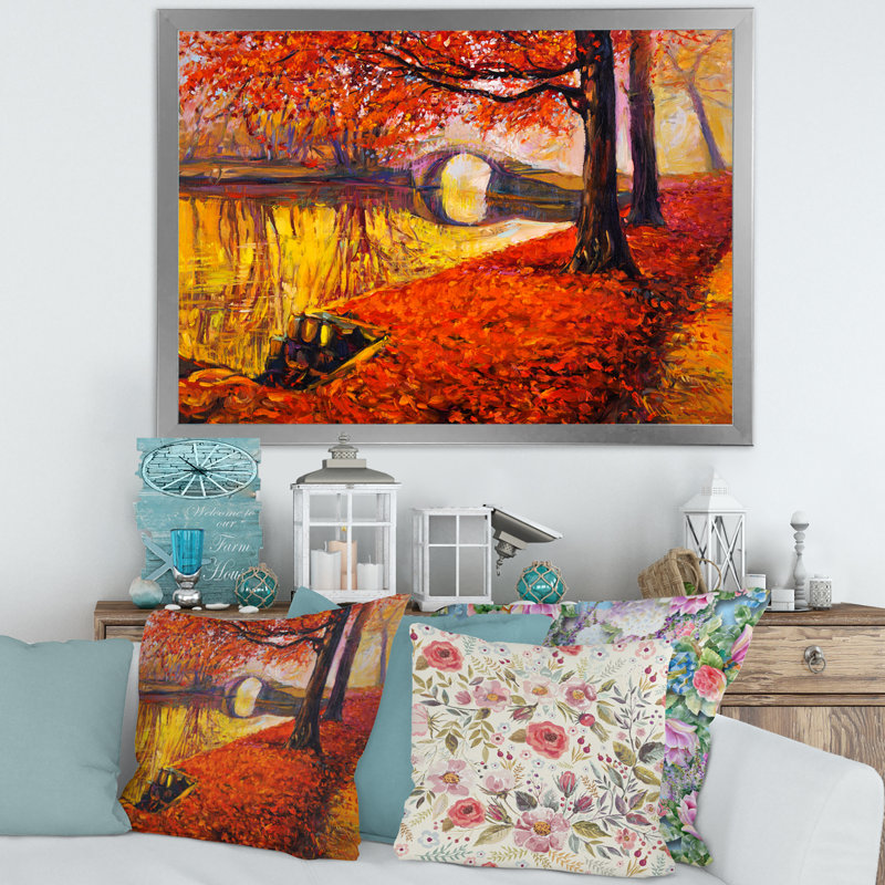 «Little Bridge in Orange Autumn Landscape I», peinture sur toile, H 12 po x l 20 po x p 1 po, Cadre photo argenté