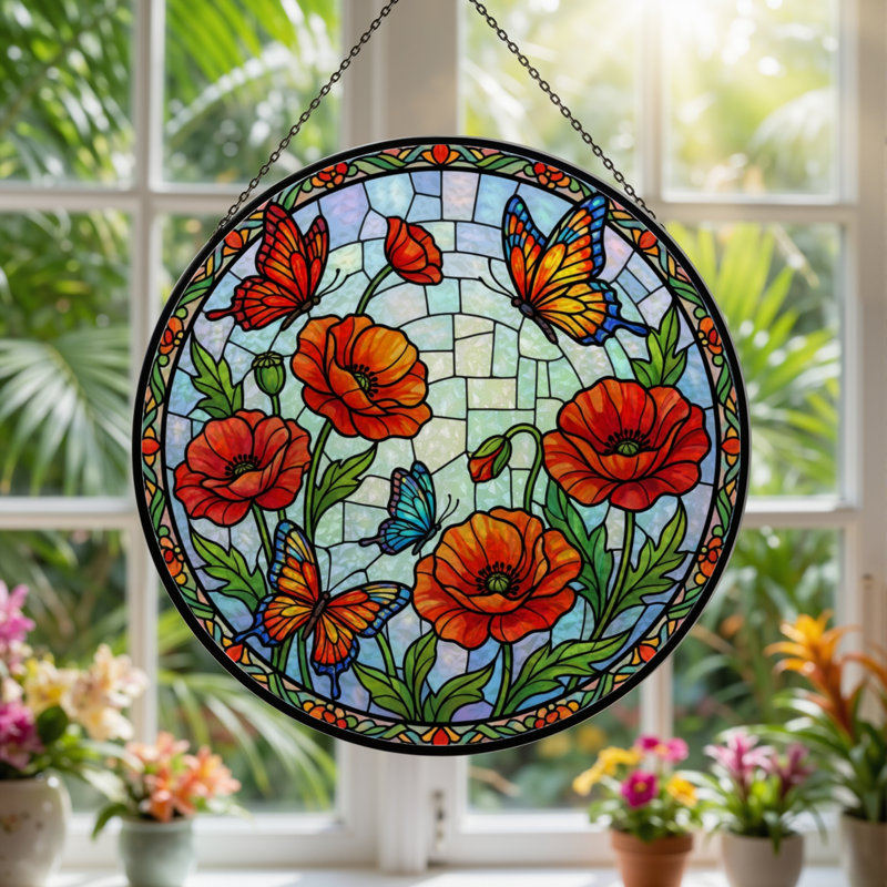 Panneau de vitrail papillon 7,8 "H Poppy, H 7,8 po x l 7,8 po