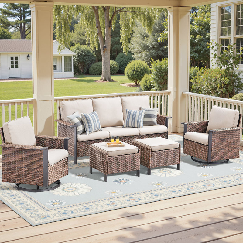 Coady All-Weather Wicker Outdoor Patio Wide Armrest Sofa Conversation Set With Swivel Chairs, Beige, Brown