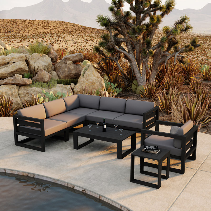 Ensemble de conversation modulaire 4 pièces avec coussins Sunbrella® Smith, Toile gris anthracite Sunbrella®, Noir