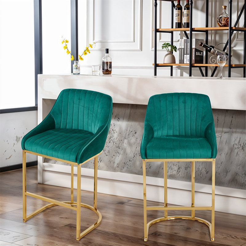 Upholstered Counter Stool with Metal Frame, Green