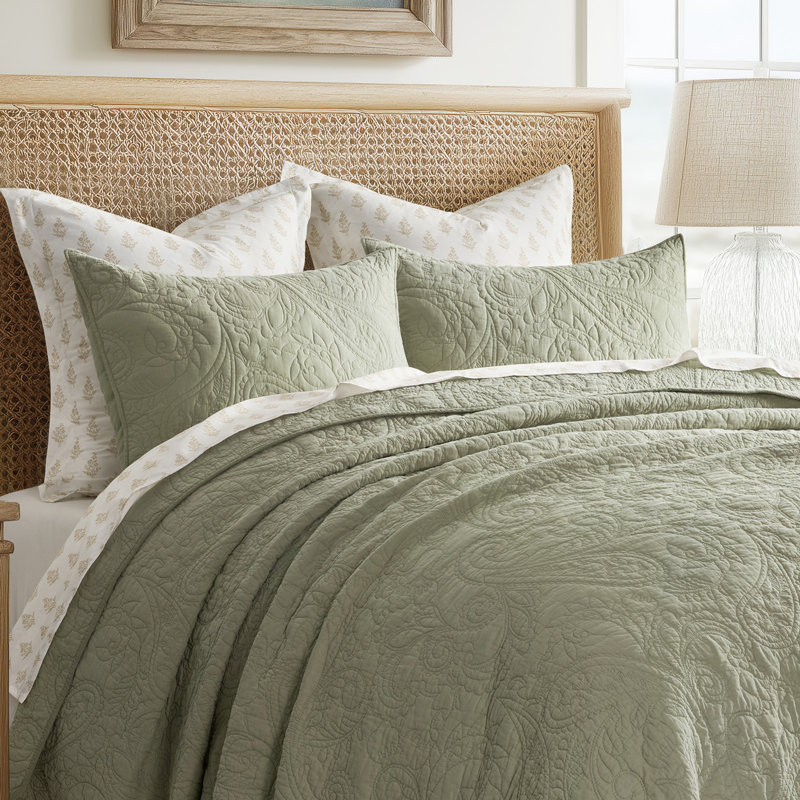 Paisley 100% Cotton Quilt Set 3 Pieces, Sage Tea Green, King Quilt + 2 King Shams