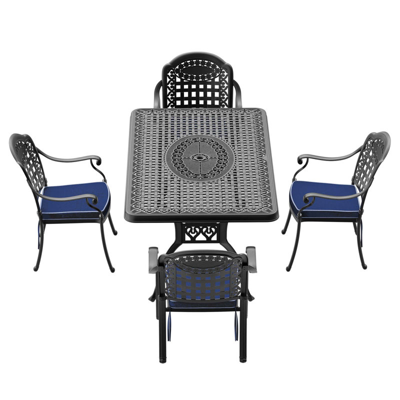 5-Piece Set Of Cast Aluminum Patio Furniture With Black Frame And Blue Cushions(Same Sku:W1710S00099), 4