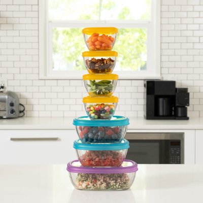 Libbey Serve It 14-Piece Glass Storage Container Set with 2-Cup, 6-Cup, and 8-Cup Bowls and Multi-Colour Lids