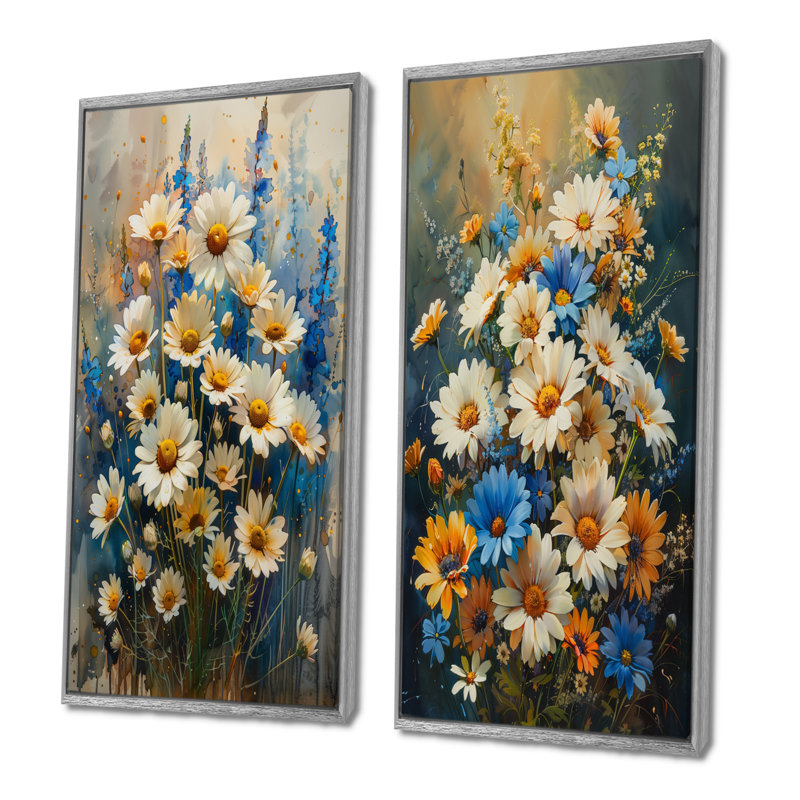 Bleu et blanc nature morte fleurs de jardin I - marguerites murales, ensemble de 2 pièces, H 40 po x l 40 po