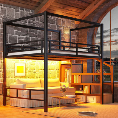 Lit mezzanine en métal avec escalier de rangement et garde-robe, structure de baldaquin et éclairage DEL