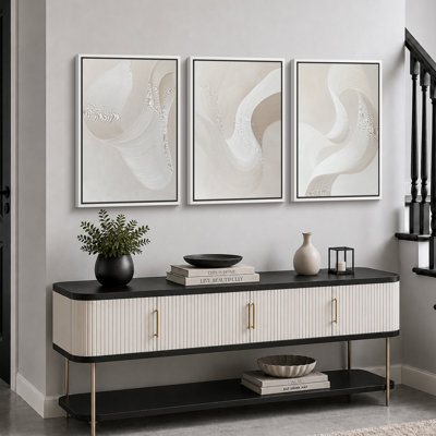 Minimal Landscape "Neutral Beige Flowing Pattern Artwork, Organic Modern Abstract Minimalist Living Room Wall Pictures, Framed Canvas Giclée Print 3 Pieces Wall Art" 16"x24"x3 pcs, 24"x36"x3 pcs