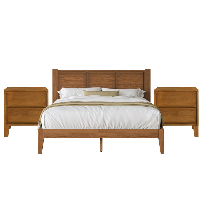 Knighten Solid and Manufactured Bedroom Set, 3 Pcs: Bed, 2 Nightstands, King, Light Walnut