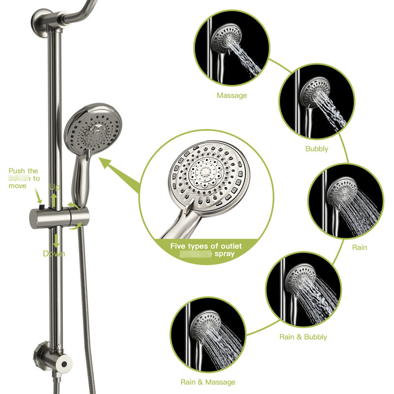 Brushed Nickel Shower - 10 Inch Round Top Spray & Handheld 2 Heads, 5 Patterns Massage, Bubbly, Rain, Rain&bubbly, Rain&massage Wall Mounted, Us Standard Ready For Modes System 10" Hand Water Outlet