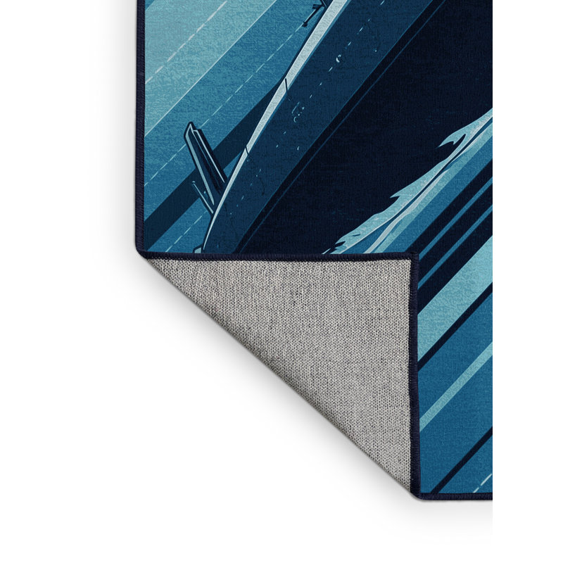 Machine Washable Vehicles And Transportation Submarine Vessel Industrial Rug in Blue – Navy Binding, 3x5
