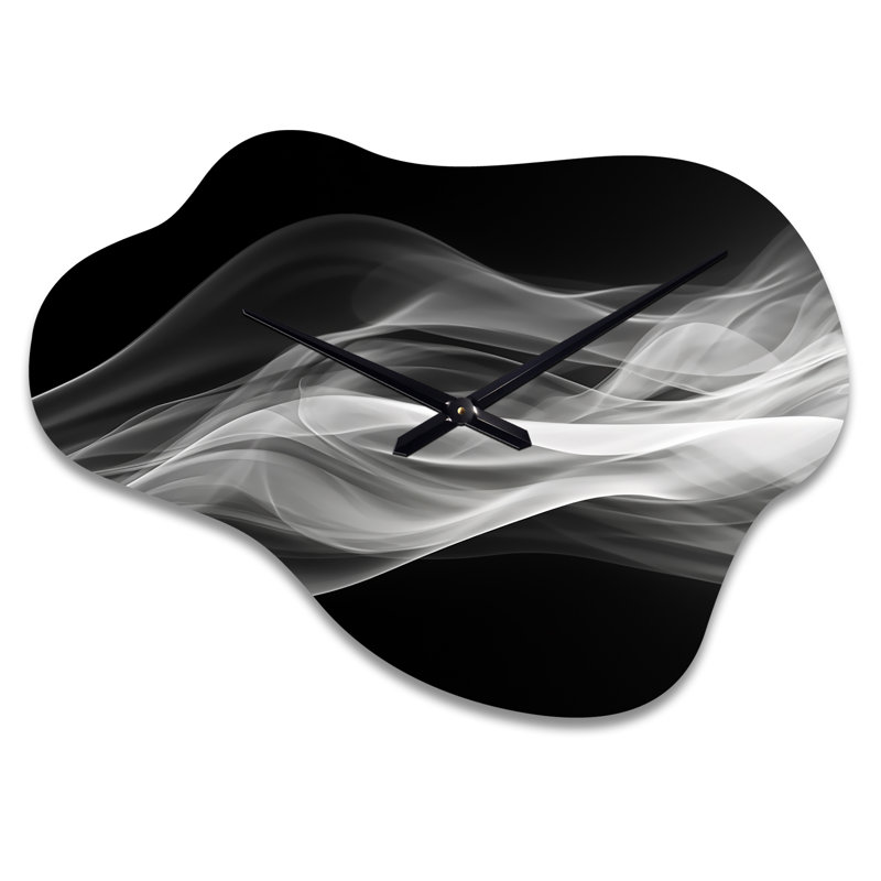 Black White Contemplative Abstraction II - Waves Asymmetrical Metal Wall Clock, Modern Cloud Wall Clock Print, Large