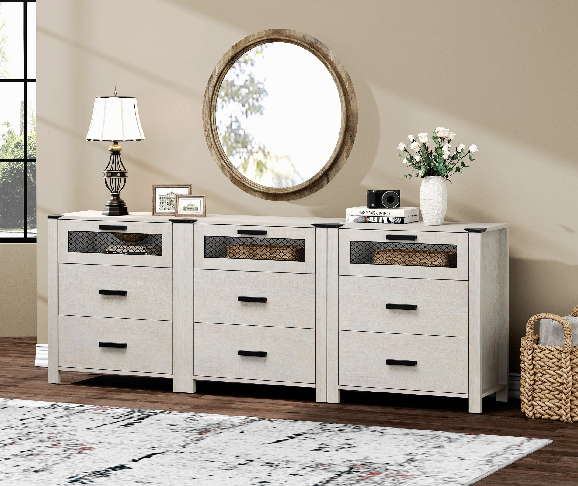 Dresser For Bedroom long Dresser Tv Stand With 9 Drawers storage Organizer Units Furniture Chest Tower With Mesh Door For Living Room Antique White