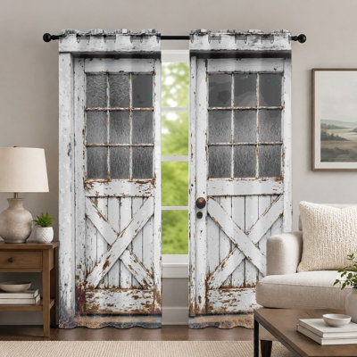 2Pcs White Rustic Barn Door Curtains, Farmhouse Style Curtain, Vintage Distressed Wood Texture Printed Art Grommet Drapes, Window Treatment for Bedroom Living Room Decor