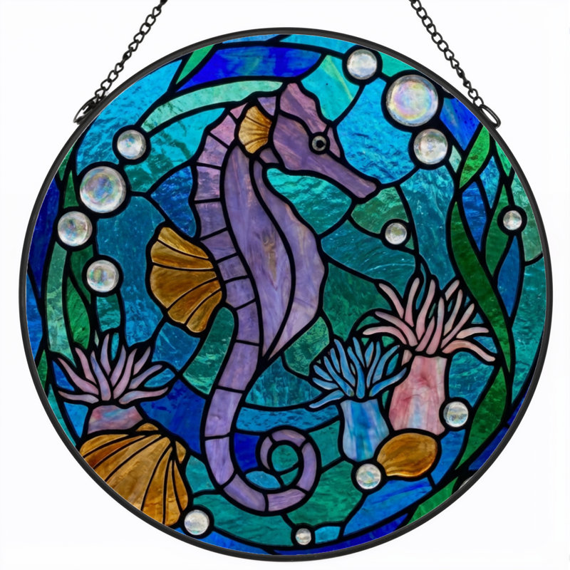 7.8"H Seahorse Ocean Stained Glass Window Panel, 7.8" H x 7.8" W