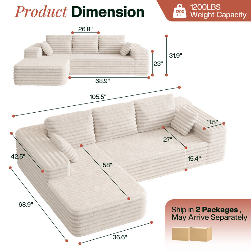 Modern L-shaped Sectional Sofa, Cream
