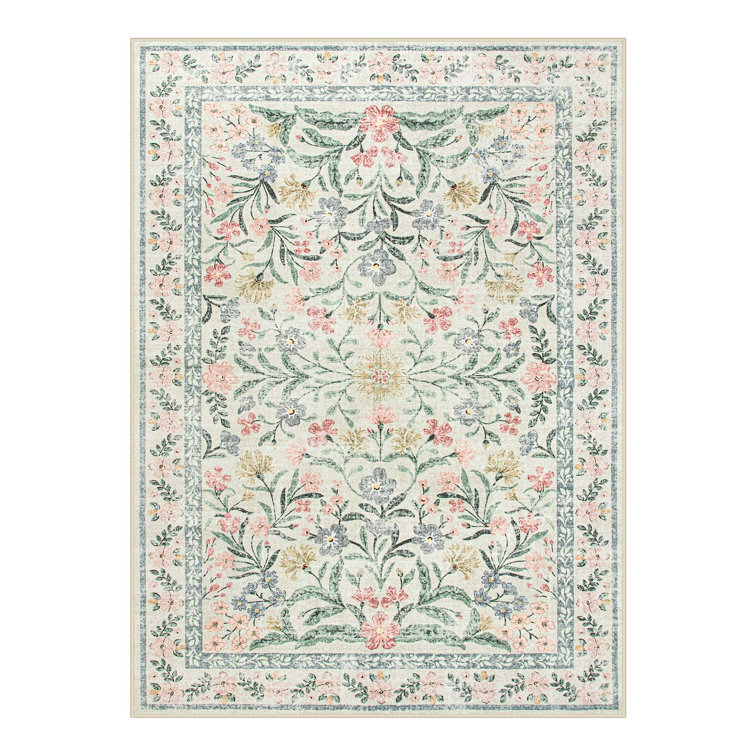 Washable Floral Area Rugs Boho Large Rugs Non-Slip for Bedroom Soft Rubber Backed Carpet