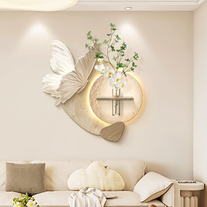 3D Butterfly Sandstone Wall Decor with LED Light, Wall Mount Floating Shelf Art with Glass Water Vase & Artificial Orchid Greenery