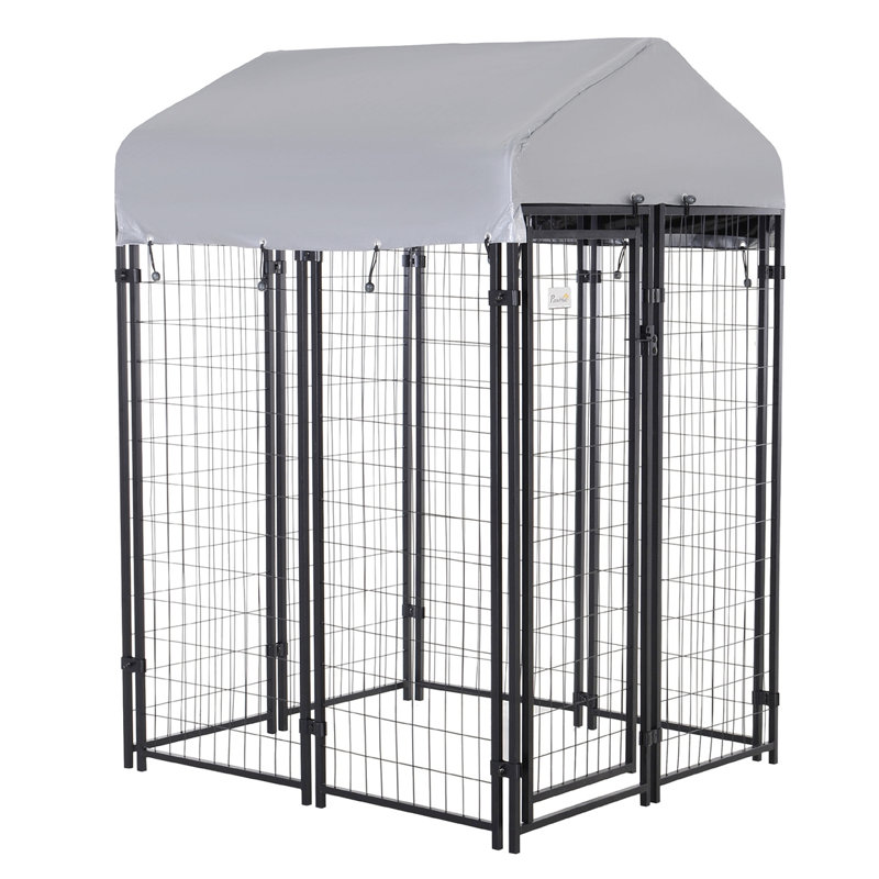 Grand chenil pour chiens recouvert pour l'extérieur, H 72 po x l 48 po x P 96 po, Gris / noir