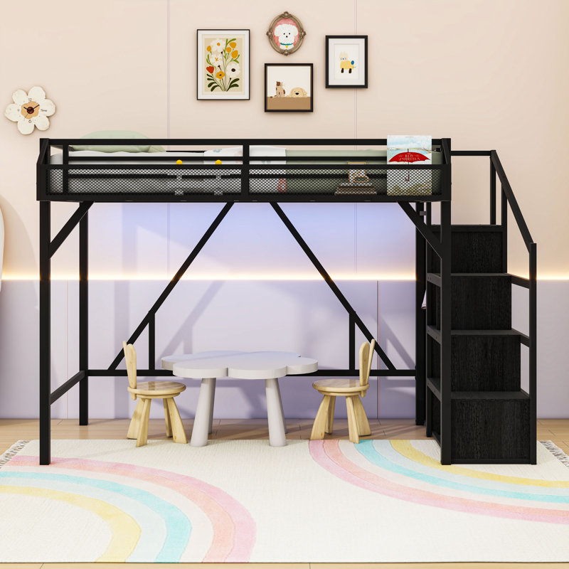Metal Loft Bed with USB Ports, Shelves, Light Strip and Stairs, Black, Twin XL