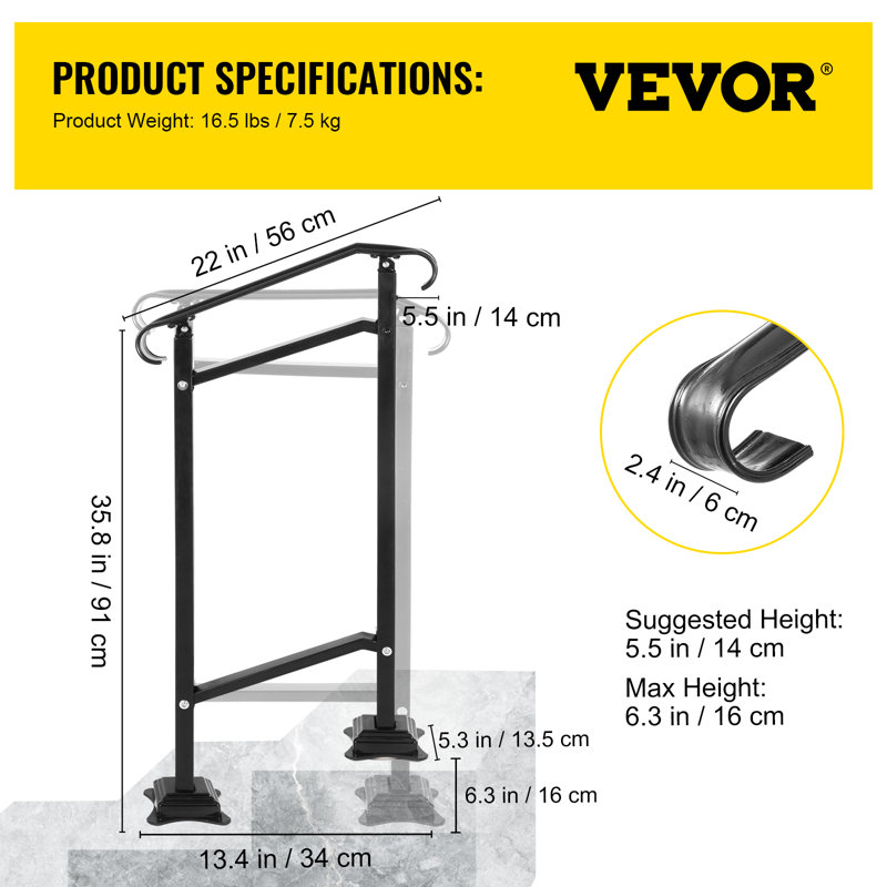Adjustable Black Wrought Iron Handrail for 1-2 Steps