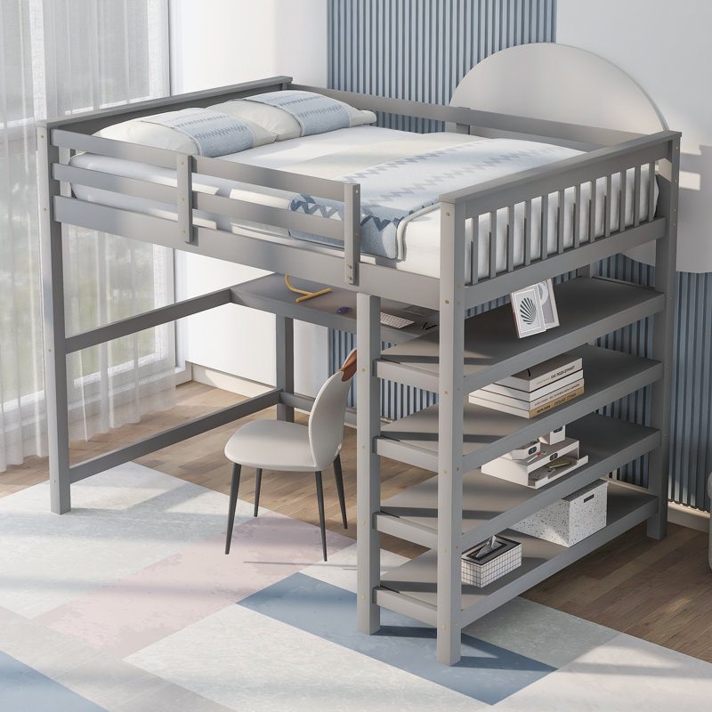 Lit mezzanine avec bureau intégré et tablettes, Gris, Complète