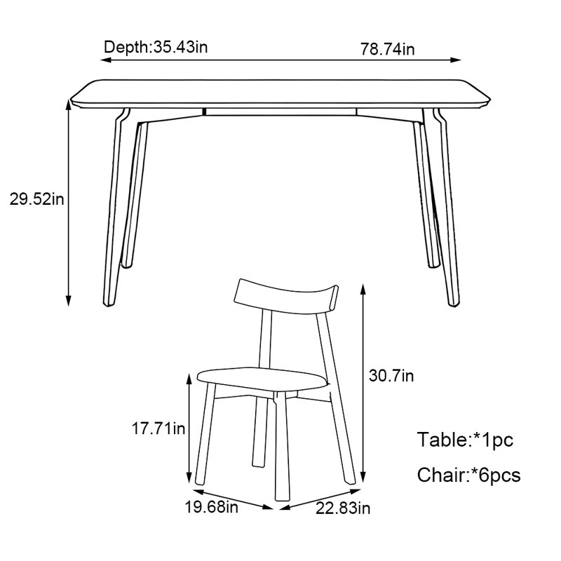 Rectangular modern simple solid wood table set, 29.52"H x 78.74"L x 35.43"W