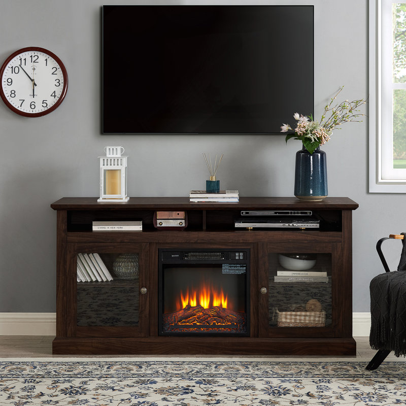 Meuble télé contemporain avec meuble télé avec foyer encastrable 18 po pour téléviseur de 65 po ou moins avec espace de rangement ouvert et fermé, brun, l 60 po x P 15,75 po x H 29 po