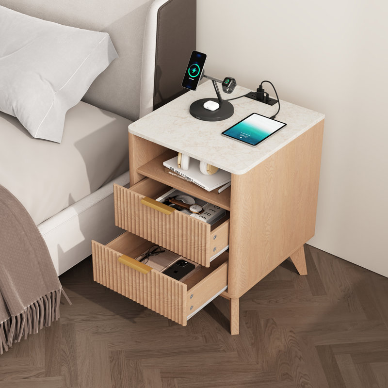 18’’W 2-Drawer Fluted Nightstand with Charging Station and Storage, Faux Marble Top, Set Of 2