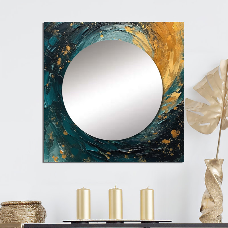 Golden Ocean Spiral Waves Peinture II - Grand miroir mural carré en spirale abstraite pour chambre à coucher, 36 po x 36 po