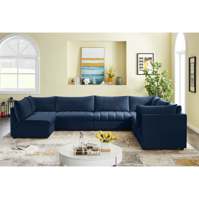 Ensoll Velvet U-Shaped Sectional Reversible, Navy Velvet