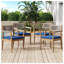 Ensemble repas d'extérieur en corde tressée avec table en bois d'acacia et chaises en teck clair et bleu marine