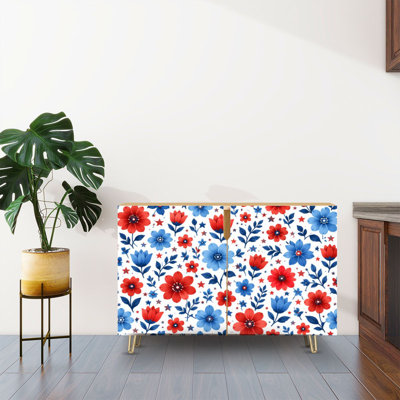 Sideboard Buffet Cabinet with Storage Red Blue Floral Stars Hand Drawn Design with 2 Doors for Living Room and Kitchen
