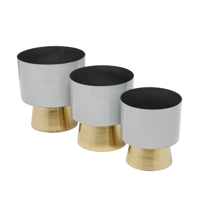 Ensemble de jardinières d'intérieur en métal 3 pièces avec base dorée Badiu, Gris