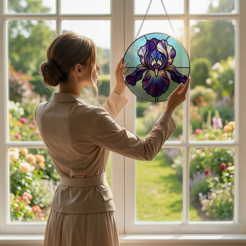 Vitrail pour fenêtre en verre coloré iris mauve H 7,8 ", H 7,8 po x l 7,8 po