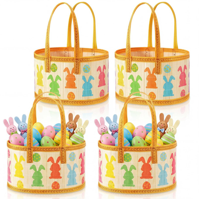 Ensemble de 4 paniers de Pâques en bambou pour cadeaux - Grand panier-cadeau coloré en bambou tissé avec des œufs et poignées pliables en vrac 9,8 x 7 x 6,3 pouces pour les œufs de Pâques