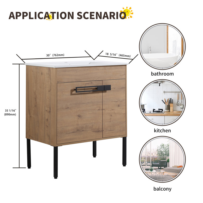 Dual Mounted Bathroom Vanity Set, Single Bathroom Vanity with Ceramic Basin Sink Top, 2 Doors and 1 Adjustable Shelf, 30"