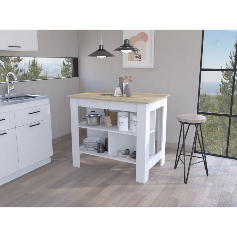 Brooklyn Antibacterial Surface Kitchen Island, Three Concealed Shelves, White/Natural