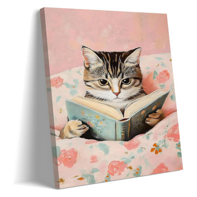 Framed Cats Canvas Wall Art, Funn Tabby Cat Reading Books Picture Wall Decor, Pink Vintage Animal Poster Prints For Girls Room Bedroom Kids Room Living Room Bathroom Decor 12X16 Inch