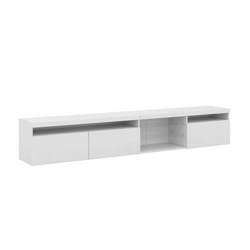Meuble télé de conception unique avec 2 tablettes en verre, lumières DEL à changement de couleur, Blanc
