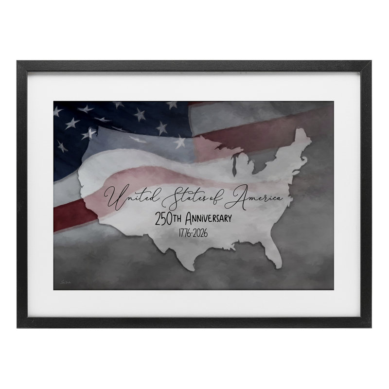 Reproduction sous verre encadrée USA 250th Anniversary, conception par Lori Deiter, H 14 po x l 20 po, Cadre noir minuit