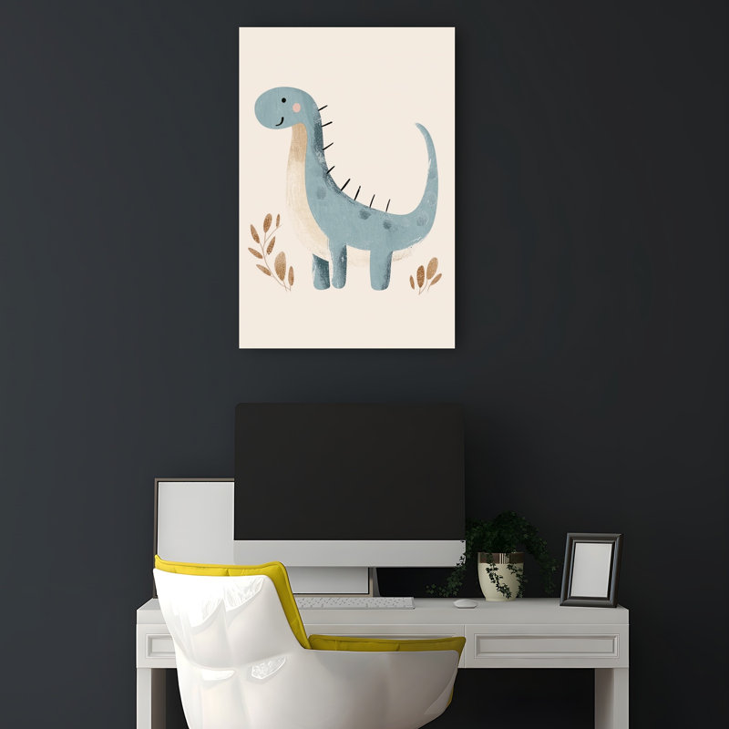 Cute Blue Dinosaur Playful Abstract Contemporary Animal Plant Wall Art Print by Mathieu - Wrapped Canvas Print