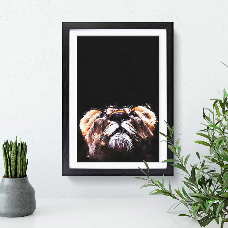 Lion Looking Upwards in Abstract - Picture Frame Graphic Art Print, Black, 50cm H x 35cm W x 2cm D
