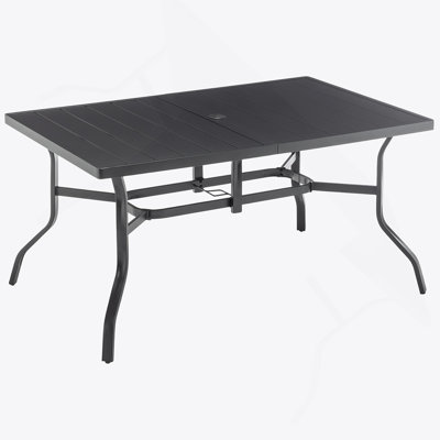 Outdoor Dining Table For 6, Powder-Coated Steel Slat Top With 2.16" Umbrella Hole, Anti-Slip Pads, E-Coating Frame, All-Weather Black Patio Table For Garden, Poolside, Backyard