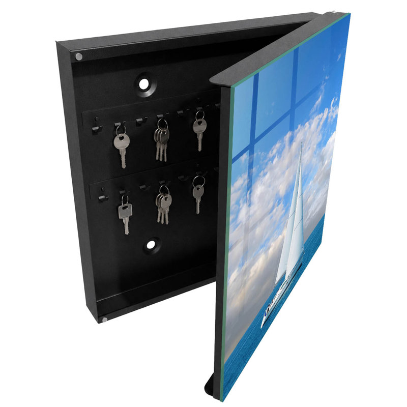 Decorative key box for wall, Opens to the left, 30x30x5, Black, A sailboat against the blue sky and sea, 