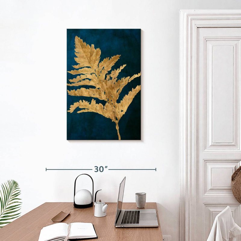 Harnek, feuilles d'or sur bleu marine I, H 30 po x l 20 po