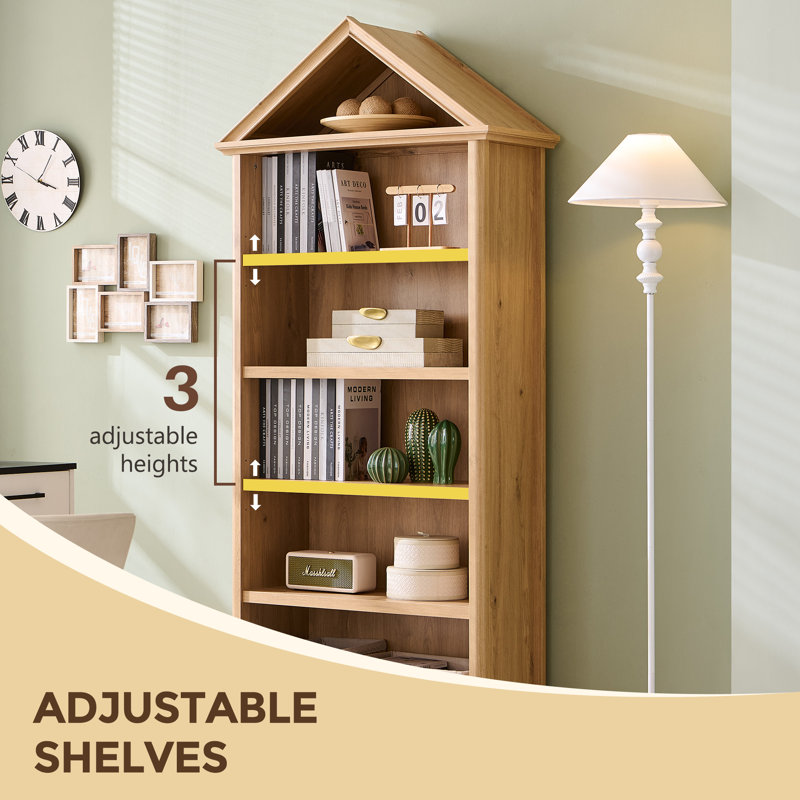 75.9" Tall Angled Arch Bookshelf, 5-Tier Geometric Large Bookcase with Storage, Modern Triangular Top with Adjustable Shelves, Wooden Cabinet with Open Display Shelves for the Living Room or Study