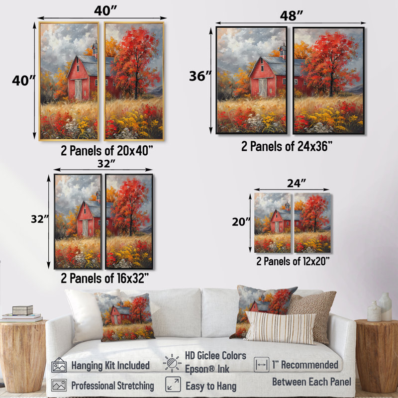 Autumn Red Barn Breeze I - Art mural traditionnel rouge 2 pièces, 36" H x 48" W, Impression encadrée flottante, White