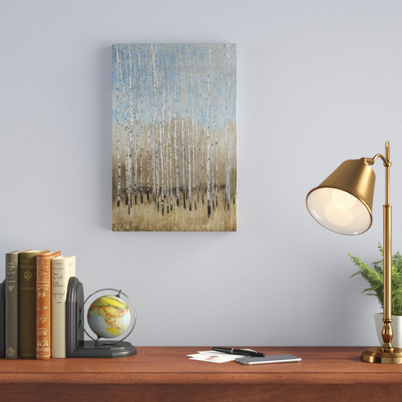 «Dusty Blue Birches I», peinture sur toile, H 18 po x l 12 po