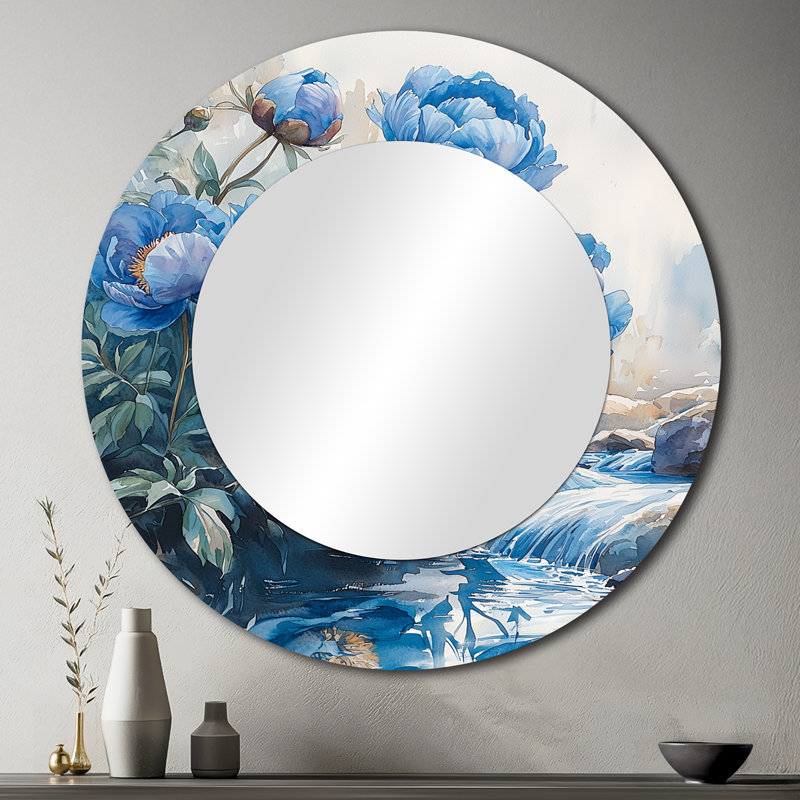 Pivoines bleues par le ruisseau I - Art mural traditionnel - imprimé sur métal, 36 po x 36 po