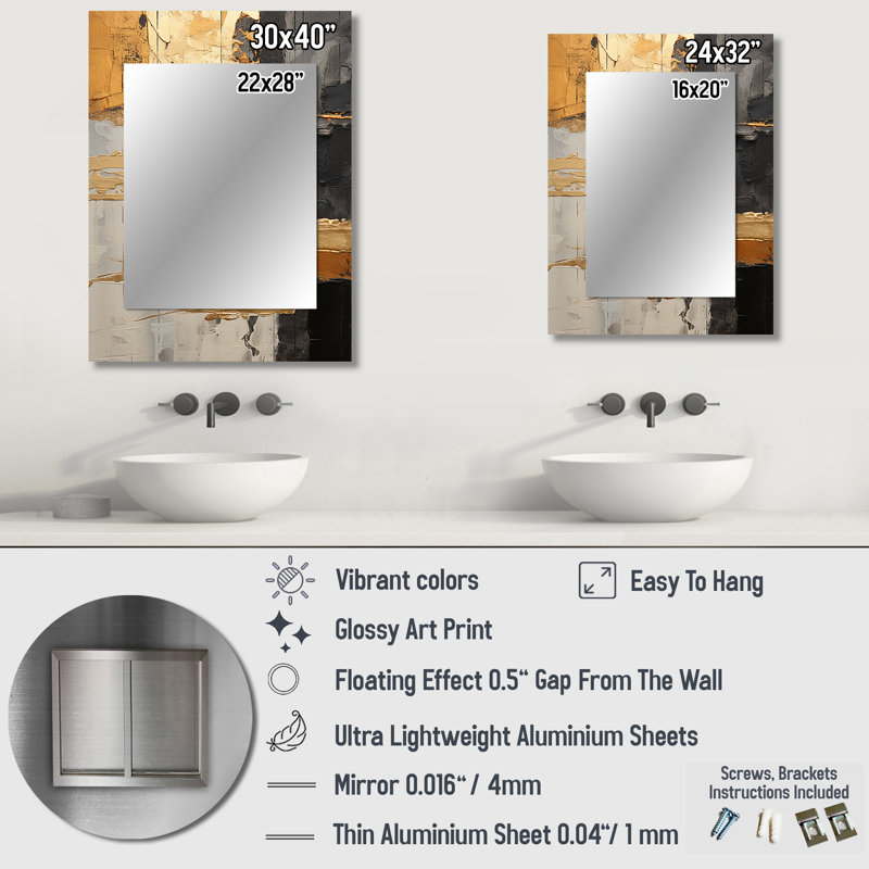 Minimalism Chrome Gold And Grey Poteries - Abstract Spirals Unique Wall Mirror Decor, Modern Large Mirror, Printed Metal Art